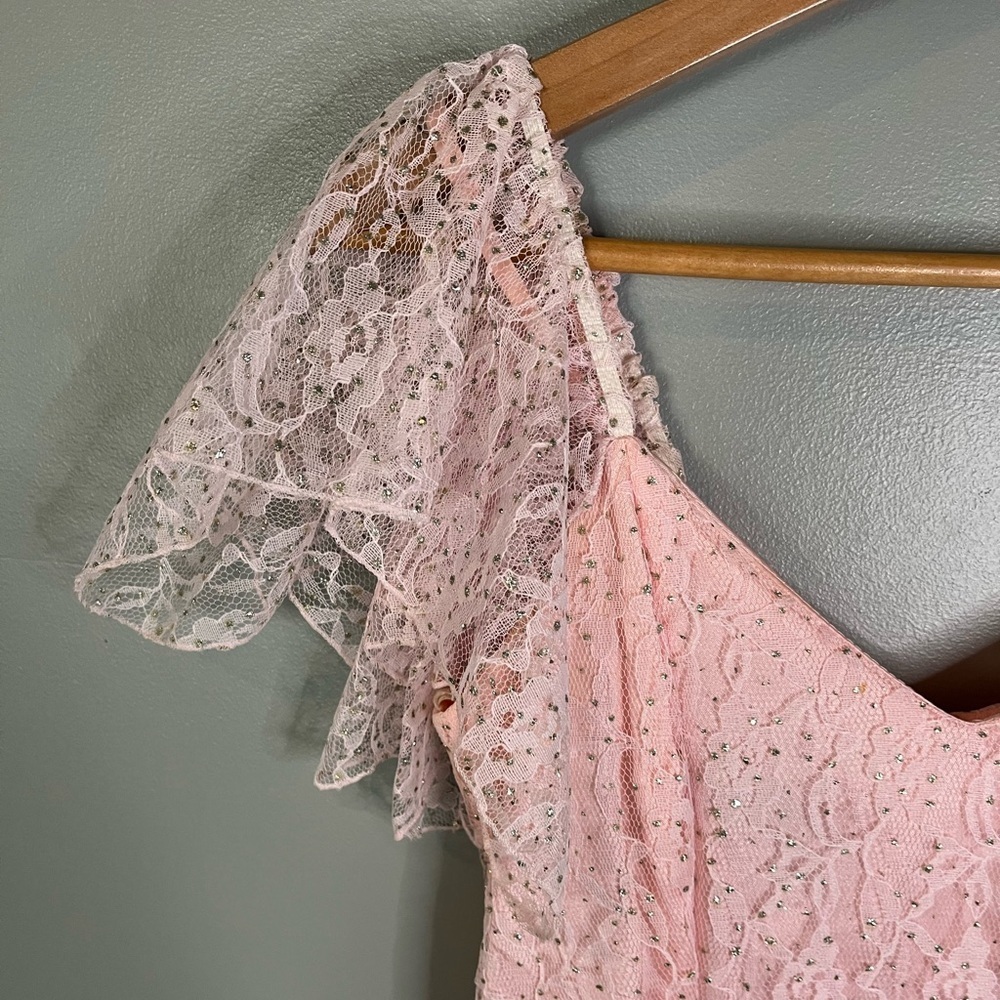 Nuance x Vintage 80s Cinderella Pink Tiered Asymmetrical Lace Rhinestone Dress - Picture 9 of 13